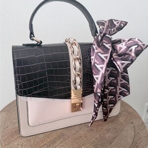 Aldo Black and Cream Satchel with Patterned Scarf